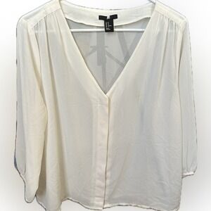 H&M Blouse Top V-Neck 3/4 Sleeve Button Front Elegant Sheer Blouse Cream Size 12